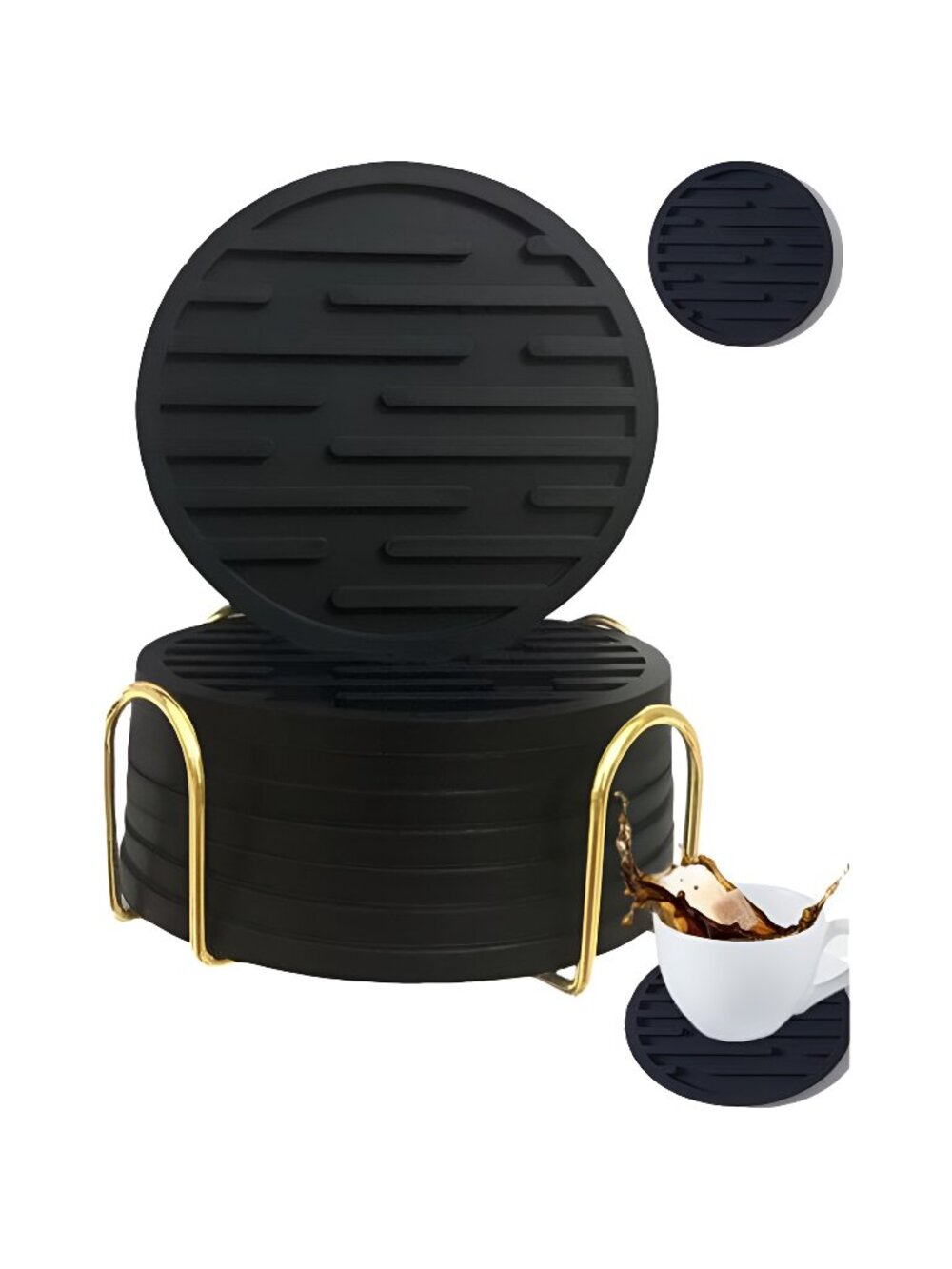 cwajbaa Anti-Slip Silicone Coaster Set of 8, with Golden Stand, Drink Coasters
